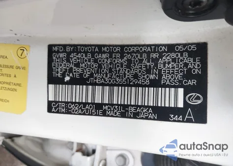 2005 Lexus Es 330 из США, поврежденный, VIN JTHBA30G355129458